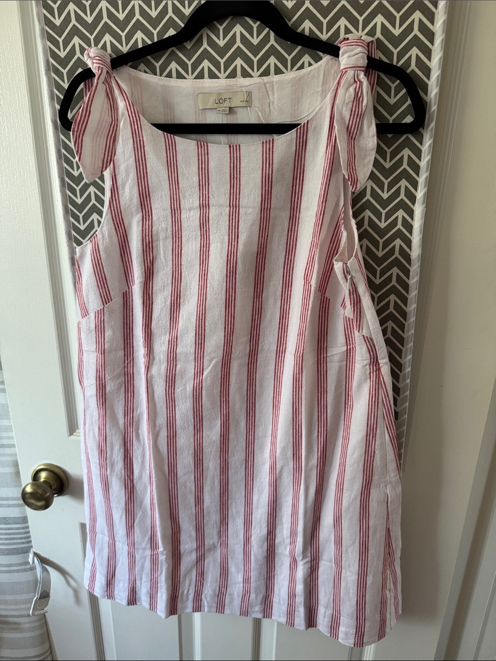 LOFT White Dress with Red Vertical Stripes and Tie Shoulders